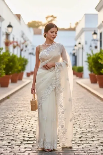 Off-White  All-Over Thread & Siroski Work Organza Saree